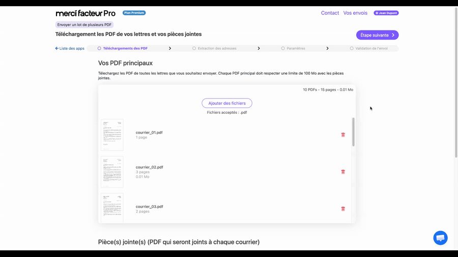 Zone PDF principaux après import montrant 10 fichiers PDF chargés avec leurs noms, nombre de pages et tailles, et un compteur indiquant 10 PDFs, 15 pages, 0.07 Mo