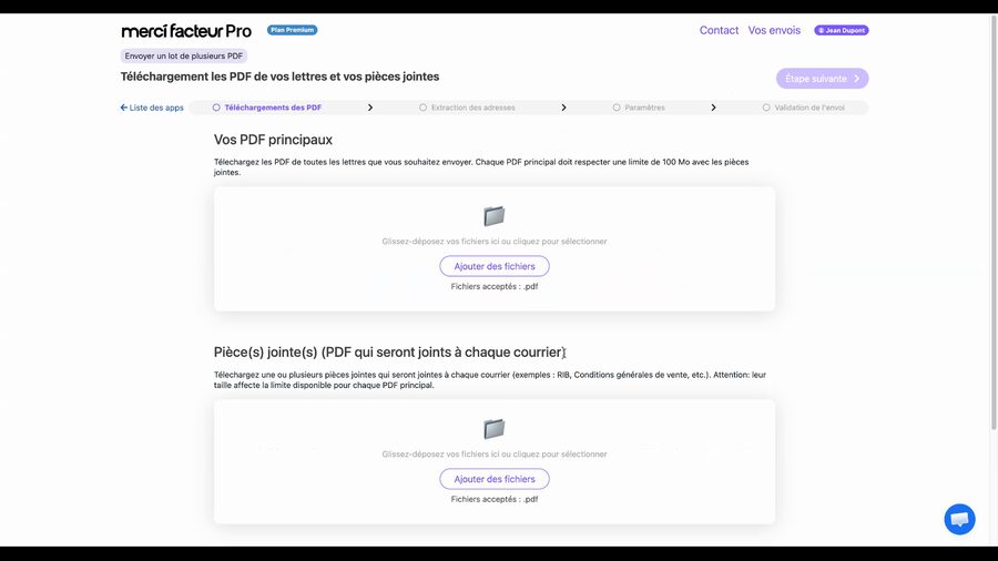 Écran d'import avec deux zones vides : Vos PDF principaux en haut avec un bouton Ajouter des fichiers, et Pièces jointes en bas avec le même bouton
