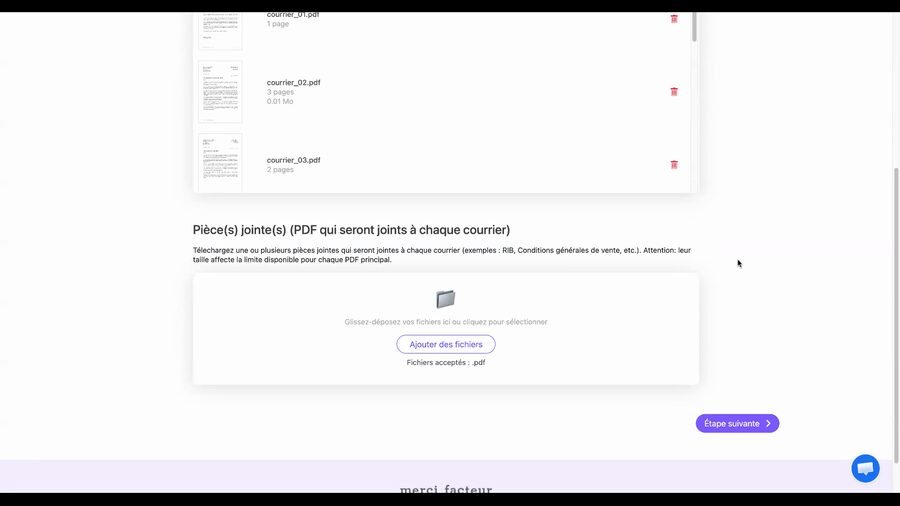Zone Pièces jointes avec un bouton Ajouter des fichiers et un texte explicatif indiquant que les pièces jointes seront imprimées avec chaque courrier, ainsi que le bouton Étape suivante en bas à droite