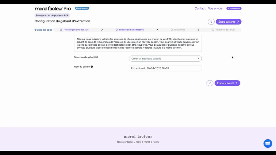 Écran de configuration du gabarit d'extraction avec un menu déroulant Créer un nouveau gabarit sélectionné, un champ Nom du gabarit pré-rempli avec la date, et un bouton Étape suivante