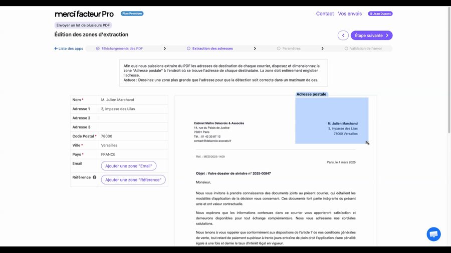 Éditeur de zones d'extraction montrant un PDF à droite avec une zone bleue Adresse postale positionnée sur l'adresse du destinataire, et à gauche les champs détectés automatiquement : Nom, Adresse 1, Code Postal, Ville, Pays