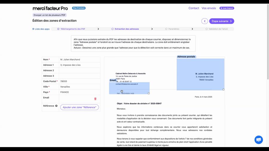 Éditeur de zones avec deux zones visibles sur le PDF : la zone bleue Adresse postale et une zone orange Email positionnée sur l'email du document, le champ Email détecté à gauche