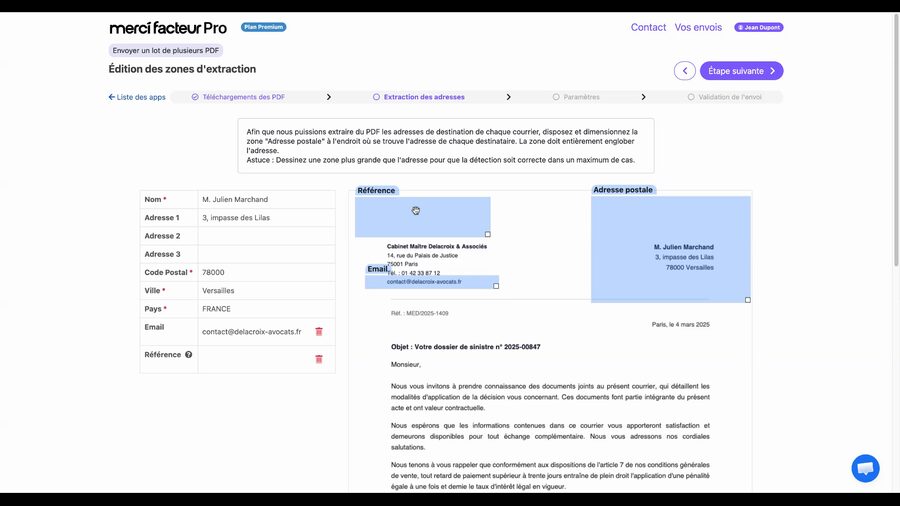 Éditeur de zones avec trois zones visibles sur le PDF : Adresse postale en bleu, Email en orange et Référence, avec tous les champs détectés remplis dans le panneau gauche