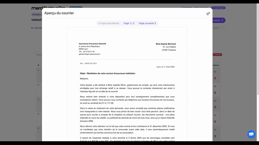 Fenêtre modale Aperçu du courrier affichant le rendu complet d'une lettre avec navigation Page 1 sur 3, boutons Page précédente et Page suivante, et une croix de fermeture
