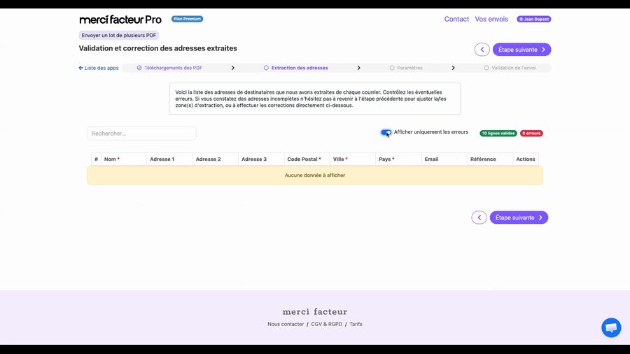 Tableau de validation avec le filtre Afficher uniquement les erreurs activé, montrant le message Aucune donnée à afficher dans un encadré jaune, indiquant que toutes les erreurs ont été corrigées