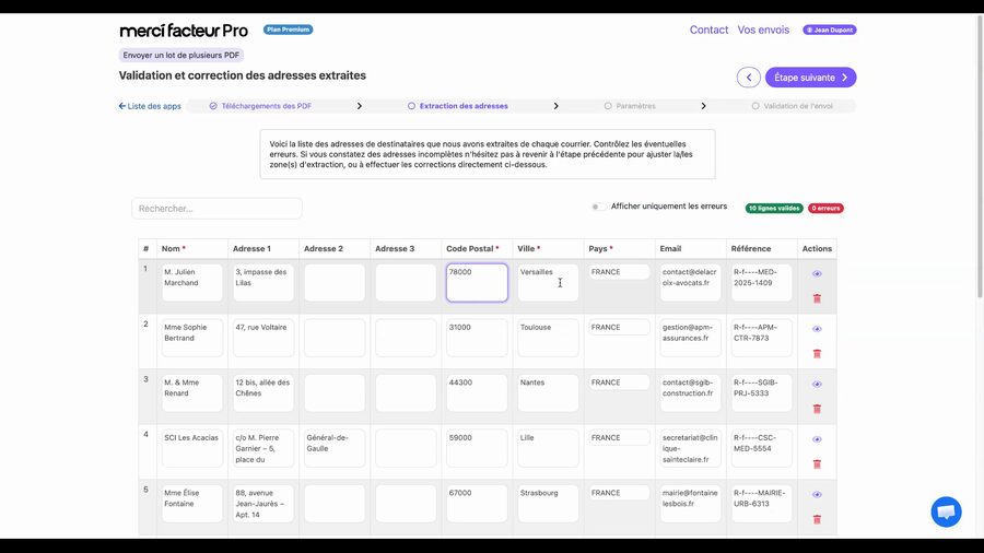 Tableau de validation avec le champ Code Postal de la première ligne en cours d'édition, le curseur est visible dans le champ entouré d'un cadre bleu