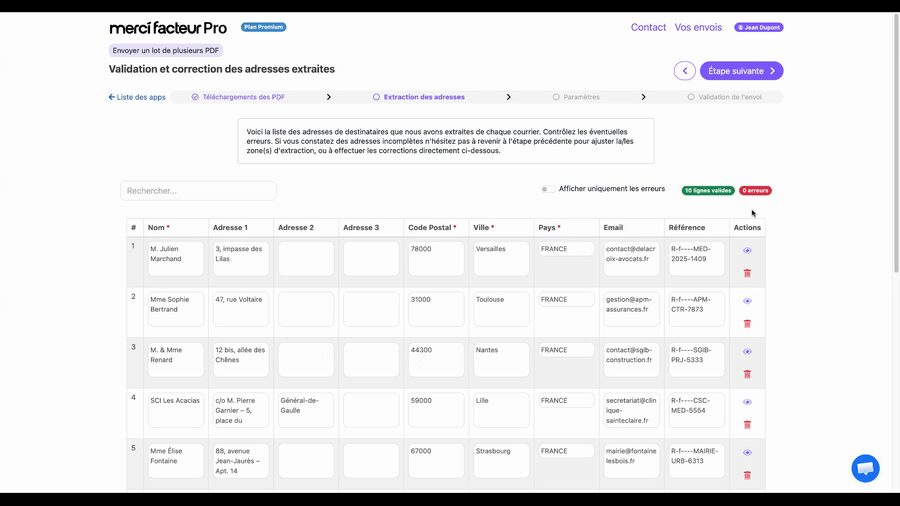 Tableau de validation des adresses extraites montrant 5 lignes de destinataires avec les colonnes Nom, Adresse 1, 2, 3, Code Postal, Ville, Pays, Email, Référence et Actions, avec des badges indiquant 10 lignes totales et 4 erreurs
