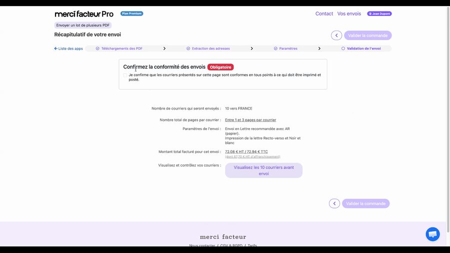 Récapitulatif de l'envoi montrant : Confirmez la conformité des envois avec un badge Obligatoire et une case à cocher non cochée, nombre de courriers (10 vers FRANCE), nombre de pages, paramètres d'envoi, montant facturé (73.08 € HT), et un lien Visualisez les 10 courriers avant envoi
