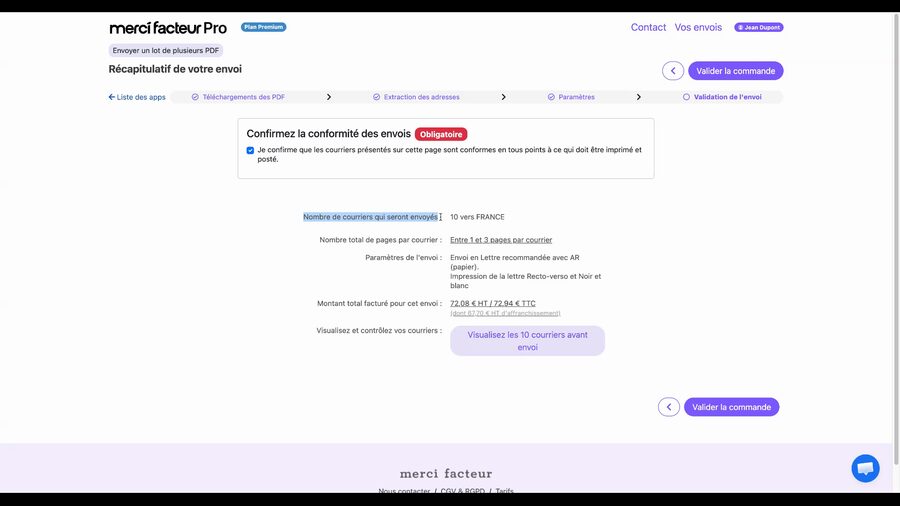 Récapitulatif avec la case de conformité cochée (coche verte) et le bouton Valider la commande devenu actif en violet, visible en haut et en bas de la page