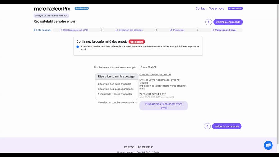 Section Répartition du nombre de pages dépliée montrant 6 courriers de 1 page, 3 courriers de 2 pages et 1 courrier de 3 pages, avec le montant facturé et le bouton Valider la commande