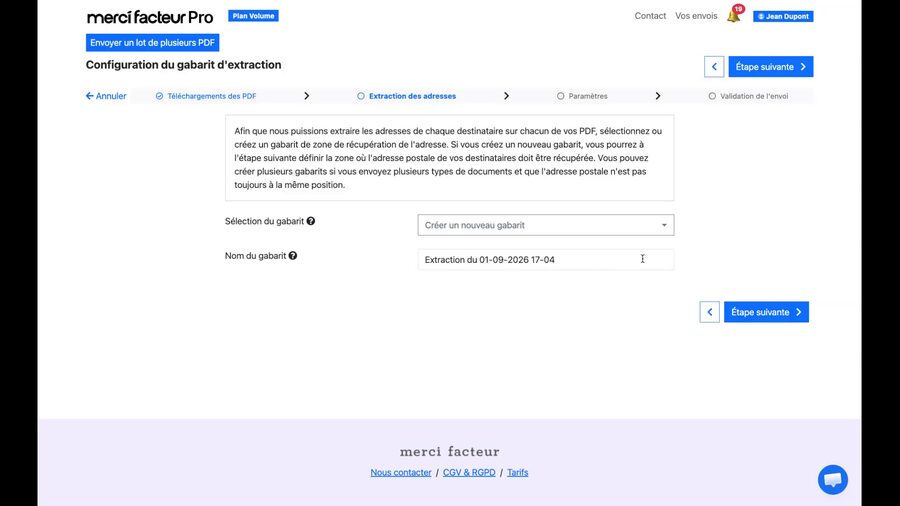 Écran de configuration du gabarit d'extraction, avec le champ Sélection du gabarit sur Créer un nouveau gabarit et le champ Nom du gabarit à renseigner