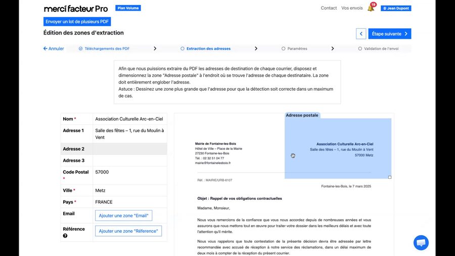 Écran d'édition des zones d'extraction avec le formulaire d'adresse rempli automatiquement (nom, adresse, code postal, ville, pays) après positionnement de la zone