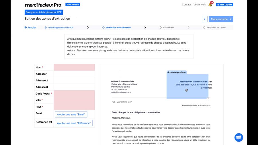Écran d'édition des zones d'extraction avec le formulaire d'adresse vide à gauche et la zone bleue Adresse postale en cours de positionnement sur le PDF à droite
