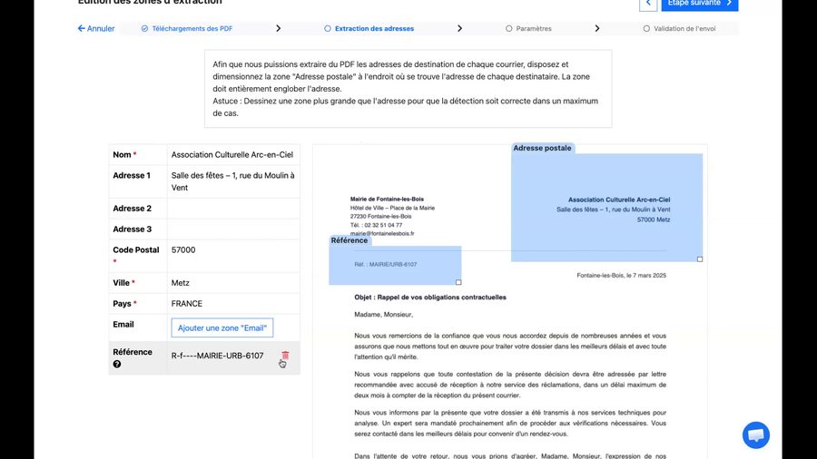 Écran d'édition des zones d'extraction avec une zone Référence ajoutée et positionnée sur le PDF, le champ Référence rempli automatiquement dans le formulaire