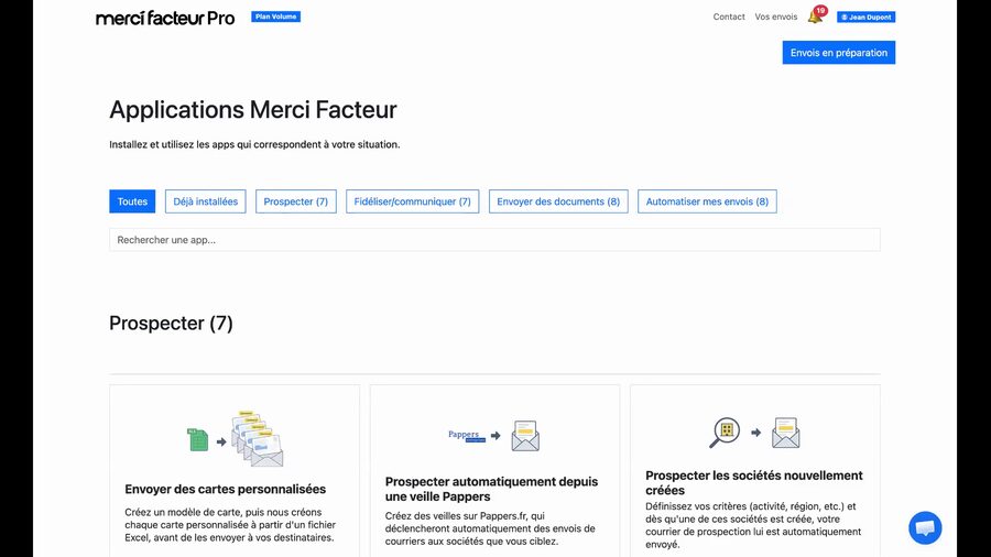 Page d'accueil des applications Merci Facteur, avec les cartes d'application classées par catégorie (Prospecter, Fidéliser/communiquer, Envoyer des documents, Automatiser mes envois)