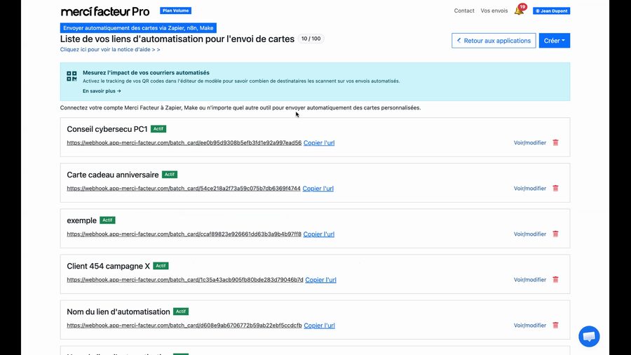 Liste des liens d'automatisation pour l'envoi de cartes, avec le nom de chaque lien, son statut actif et son URL de webhook