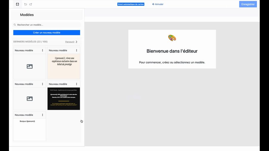Écran d'accueil de l'éditeur affichant Bienvenue dans l'éditeur, avec le panneau des modèles à gauche et le bouton Créer un nouveau modèle