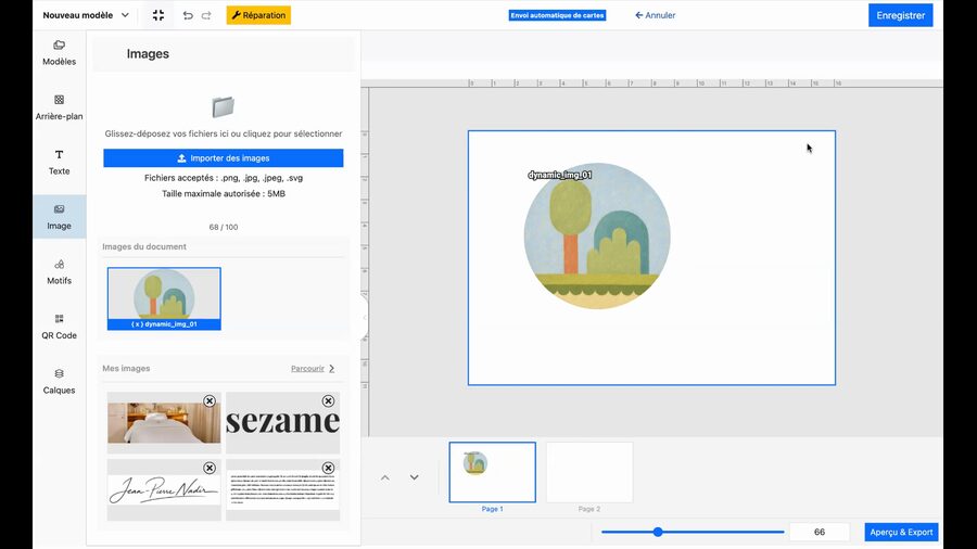 Modèle avec l'image dynamique visible dans le canevas, désélectionnée, prête à être enregistrée