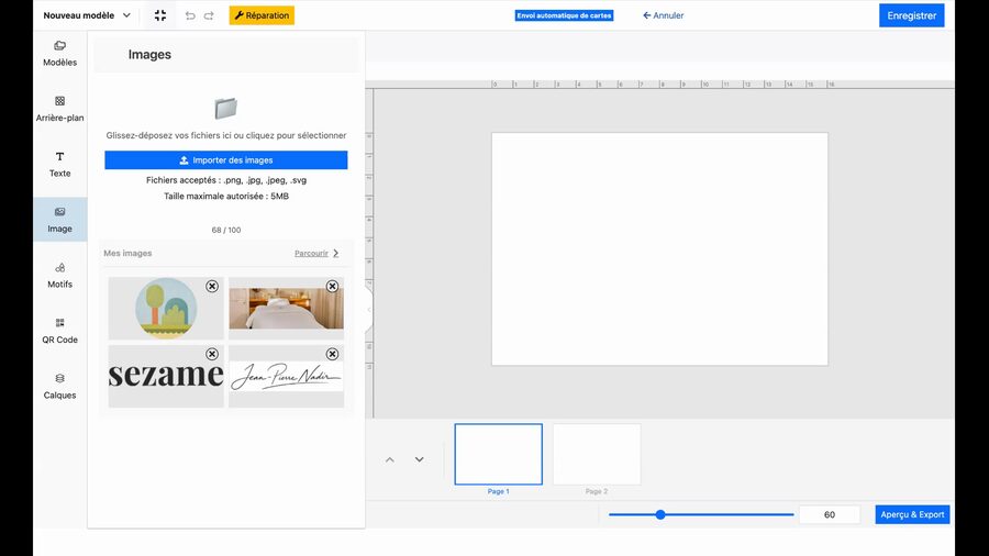 Panneau Images de l'éditeur, avec la zone de dépôt de fichiers, le bouton Importer des images et les formats acceptés (png, jpg, jpeg, svg), taille maximale 5 Mo