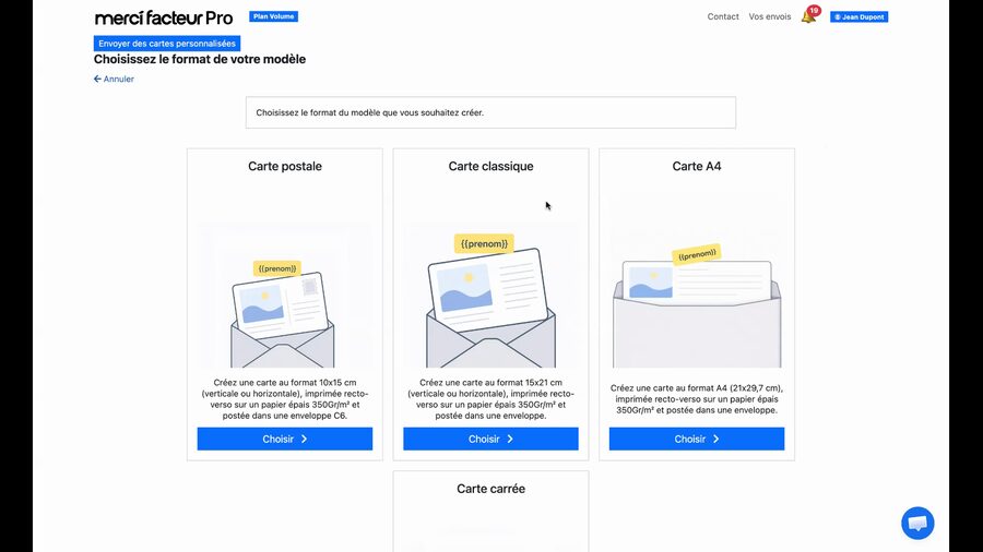 Écran de choix du format du modèle, avec les options Carte postale, Carte classique, Carte A4 et Carte carrée