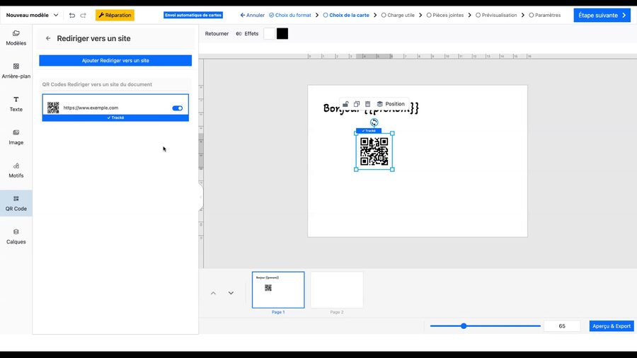 QR code posé sur la carte, sélectionné avec ses poignées de redimensionnement et un badge Tracé au-dessus