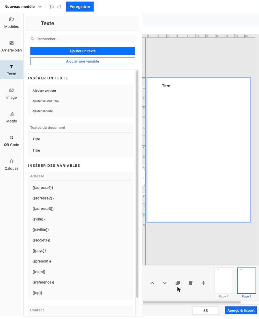 Modèle passé à trois pages après duplication, la nouvelle page reprenant le contenu de la page source