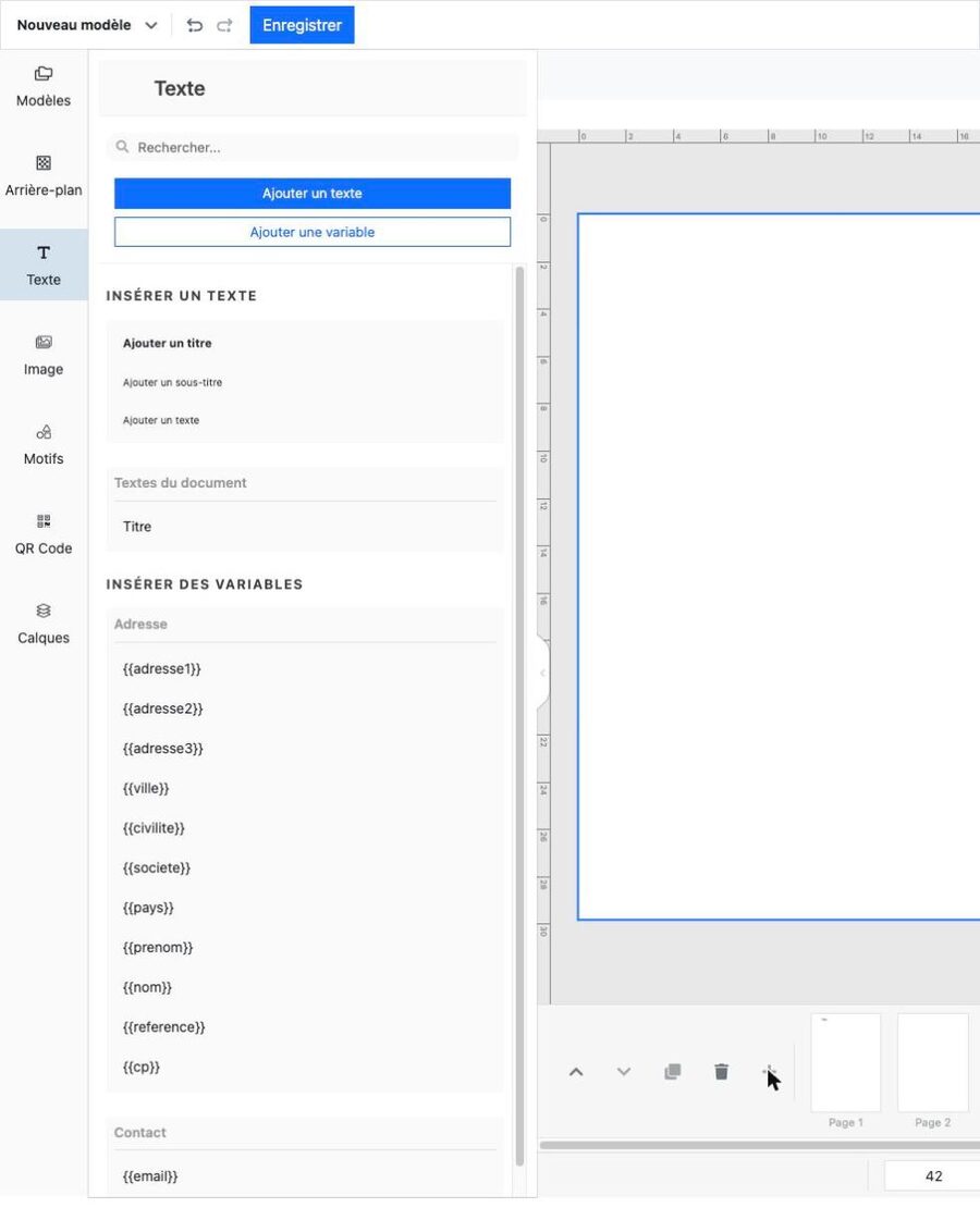 Modèle à six pages avec les boutons ajouter et dupliquer une page grisés et inactifs