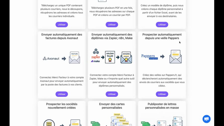 Grille des applications Merci Facteur Pro en mosaïque, montrant en bas l'app de prospection automatique avec le bouton violet Utiliser, aux côtés des apps Axonaut et Zapier