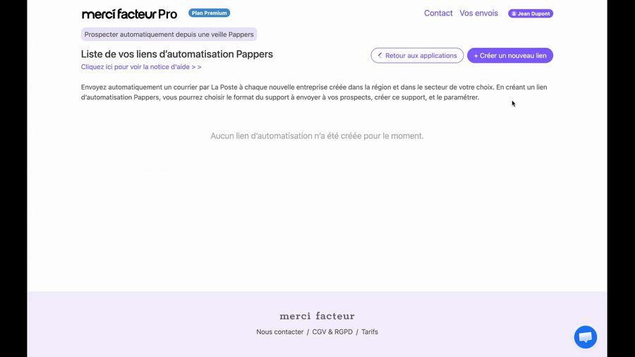 Page Liste de vos liens d'automatisation, vide au départ, avec un texte explicatif au centre et le bouton violet Créer un nouveau lien en haut à droite