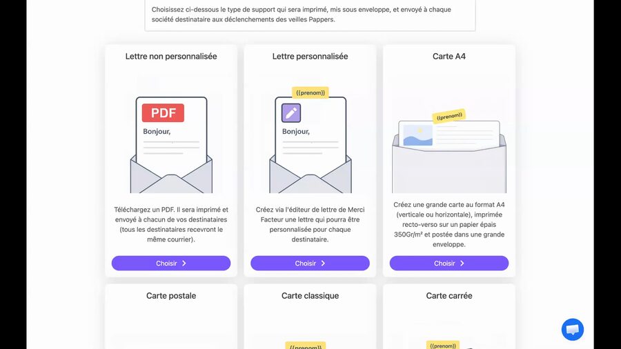 Page de choix du format avec 6 vignettes disposées en grille : Lettre non personnalisée avec icône PDF, Lettre personnalisée avec tag prenom, Carte A4, Carte postale, Carte classique et Carte carrée, chacune avec un bouton vert Choisir