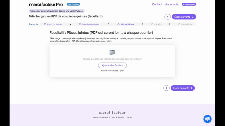 Page Téléchargez les PDF de vos pièces jointes avec le label Facultatif, une zone de dépôt de fichiers avec le texte Glissez déposez vos fichiers ici, un bouton Ajouter des fichiers, et la mention Fichiers acceptés pdf