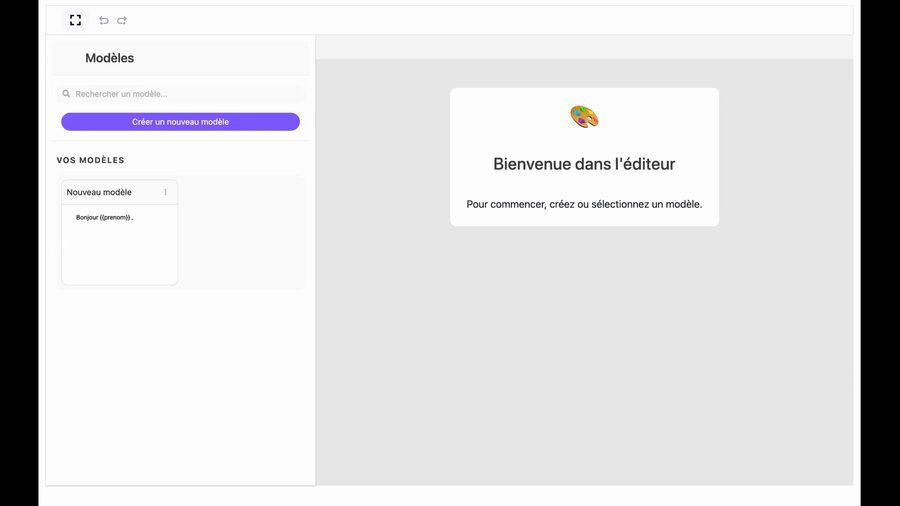 Éditeur en plein écran avec à gauche le panneau Modèles contenant une barre de recherche, un bouton violet Créer un nouveau modèle, et la section Vos Modèles avec un modèle existant nommé Nouveau modèle. Au centre, un message Bienvenue dans l'éditeur avec emoji palette