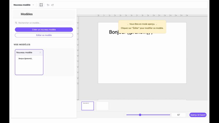 Éditeur en mode aperçu montrant une carte avec le texte Bonjour prenom visible au centre. Un bandeau jaune indique Vous êtes en mode aperçu, cliquez sur Editer pour modifier ce modèle. En bas, un slider de navigation recto/verso