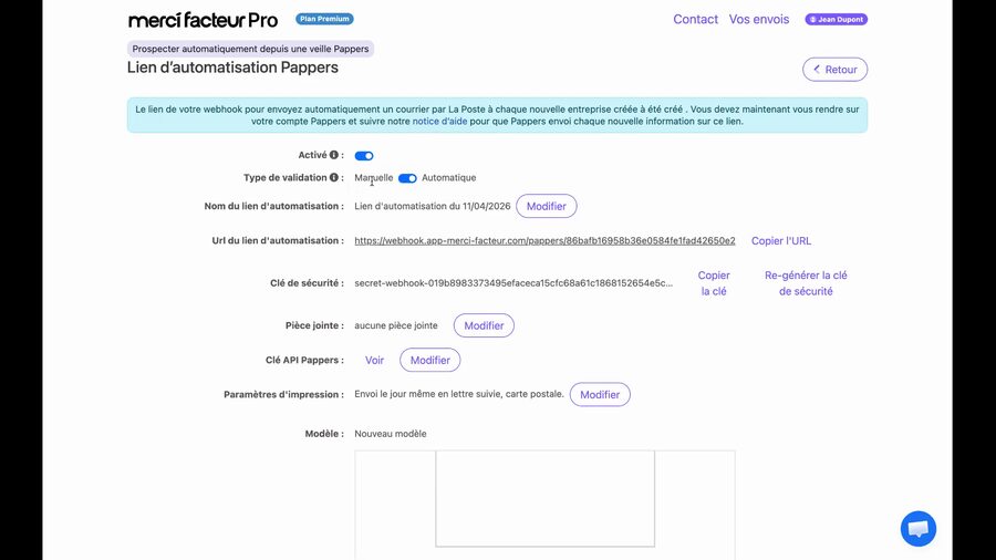 Page du lien d'automatisation sur Merci Facteur Pro avec le toggle Activé en bleu et le type de validation basculé sur Manuelle, montrant les deux options radio Manuelle et Automatique