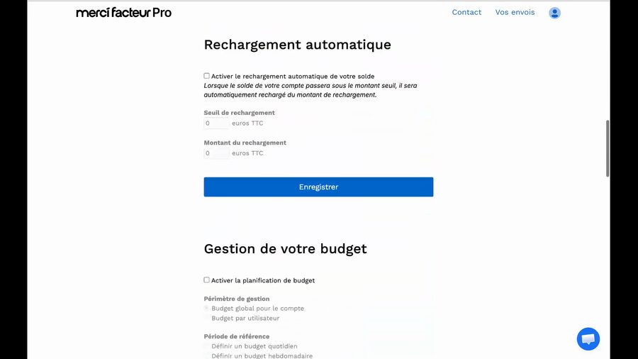 Page Paramètres de Merci Facteur Pro montrant la section Rechargement automatique en haut, puis la section Gestion de votre budget avec la case Activer la planification de budget non cochée et les options grisées : Périmètre de gestion et Période de référence