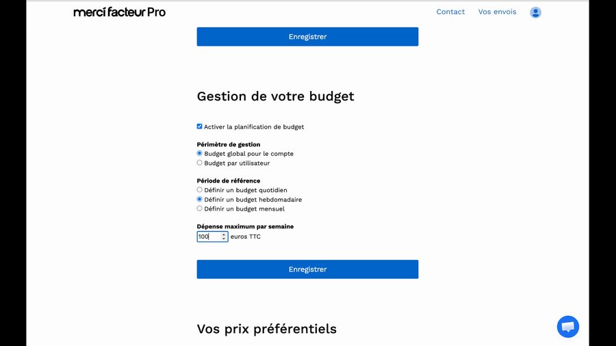 Section Gestion de votre budget avec la case Activer cochée, Périmètre Budget global pour le compte sélectionné, Période de référence Définir un budget hebdomadaire sélectionné parmi quotidien hebdomadaire et mensuel, et le champ Dépense maximum par semaine rempli avec 100 euros TTC