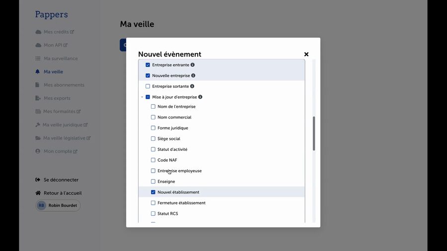 Section Événements déroulée montrant Entreprise entrante et Nouvelle entreprise cochées en bleu, puis Mise à jour d'entreprise avec sa liste de sous-catégories dont Nouvel établissement à cocher, parmi Nom de l'entreprise, Forme juridique, Siège social, Code NAF et autres non cochées