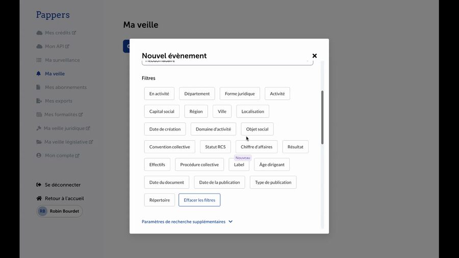 Section Filtres de la modale Pappers affichant plus de 20 tags cliquables sur deux lignes : En activité, Département, Forme juridique, Activité, Capital social, Région, Ville, Localisation, Date de création, Domaine d'activité, Objet social, Convention collective, Statut RCS, Chiffre d'affaires, Résultat, Effectifs, Procédure collective, Label, Âge dirigeant, et autres