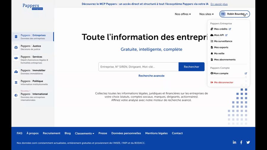 Page d'accueil Pappers.fr avec le menu utilisateur déroulant ouvert en haut à droite, montrant les liens Ma veille, Mes crédits, Mon API, et autres options du compte