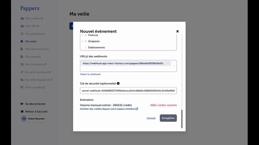 Bas de la modale de veille complète avec tous les champs renseignés, montrant les boutons Annuler et Enregistrer en bleu en bas à droite