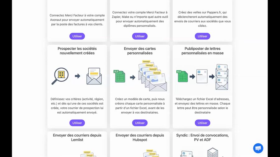 Tableau de bord Merci Facteur Pro affichant une grille d'applications disponibles, dont la carte Prospecter les sociétés nouvellement créées avec son bouton Utiliser violet
