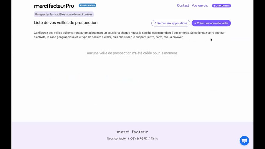 Page Liste de vos veilles de prospection affichant un message indiquant qu'aucune veille n'a été créée, avec les boutons Retour aux applications et Créer une nouvelle veille