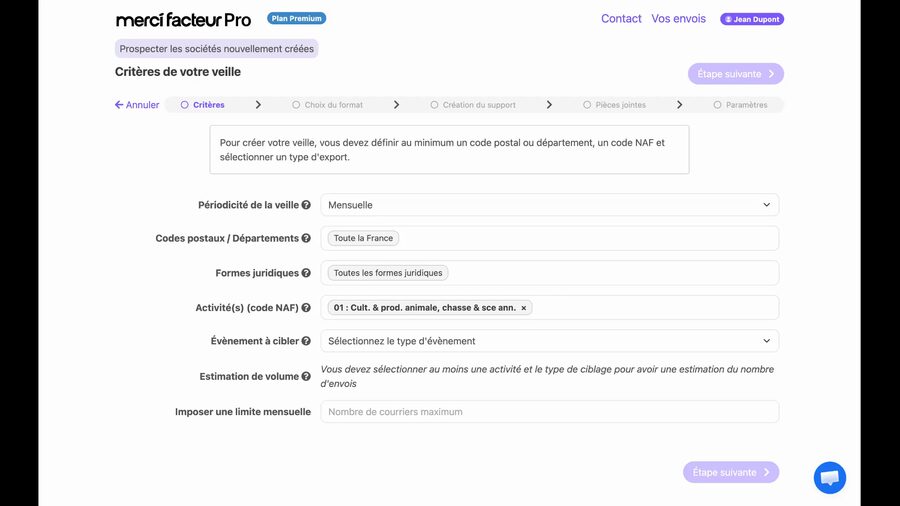 Champ Activité code NAF avec un tag sélectionné affichant le code 01 Culture à production animale, chasse et services annexes