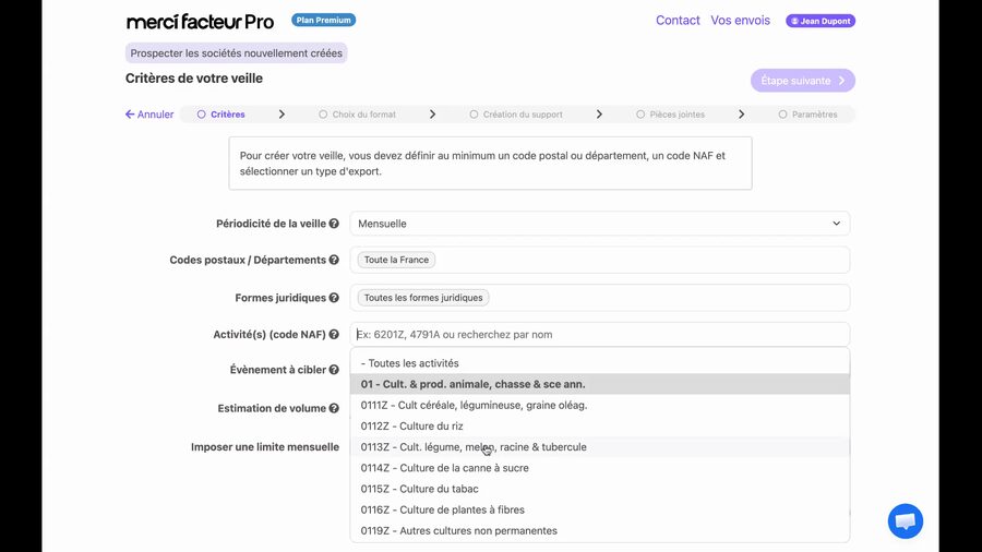 Menu déroulant Activité code NAF ouvert affichant la liste des codes NAF avec leurs libellés, comme 01 Culture à production animale, 0112 Cultures céréalières, avec un champ de recherche