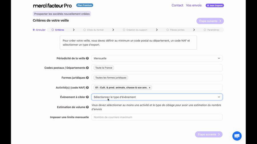 Champ Événement à cibler avec le menu déroulant permettant de choisir entre Nouveaux établissements et Signaux de défaillance