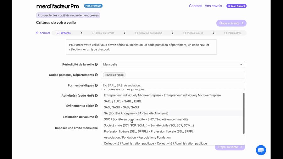 Menu déroulant Formes juridiques ouvert affichant la liste complète des options : Toutes les formes juridiques, Entrepreneur individuel, SARL, SAS, SA, SNC, Société civile, Profession libérale, Association, Collectivité