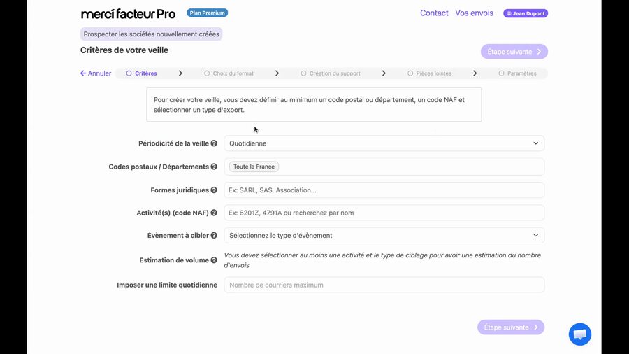 Formulaire Critères de votre veille avec les champs Périodicité, Codes postaux, Formes juridiques, Activité code NAF, Événement à cibler, Estimation de volume et Limite, avec un stepper en 6 étapes en haut