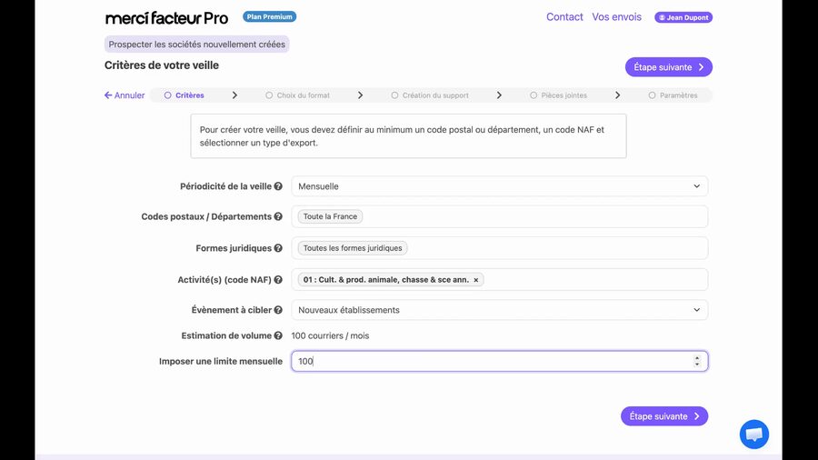 Champ Imposer une limite mensuelle rempli avec la valeur 100, et estimation de volume ajustée à 100 courriers par mois