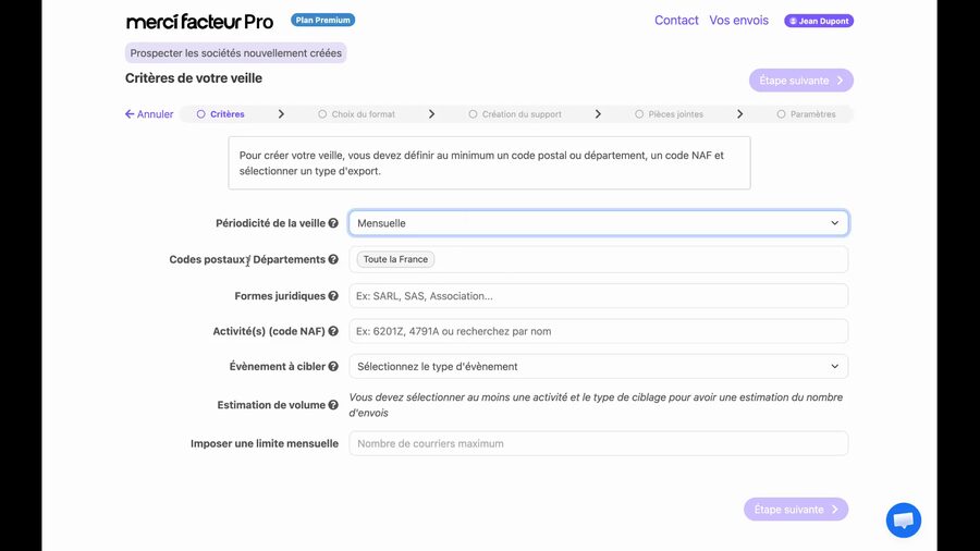 Champ Périodicité de la veille réglé sur Mensuelle, avec le champ Imposer une limite mensuelle visible en bas du formulaire