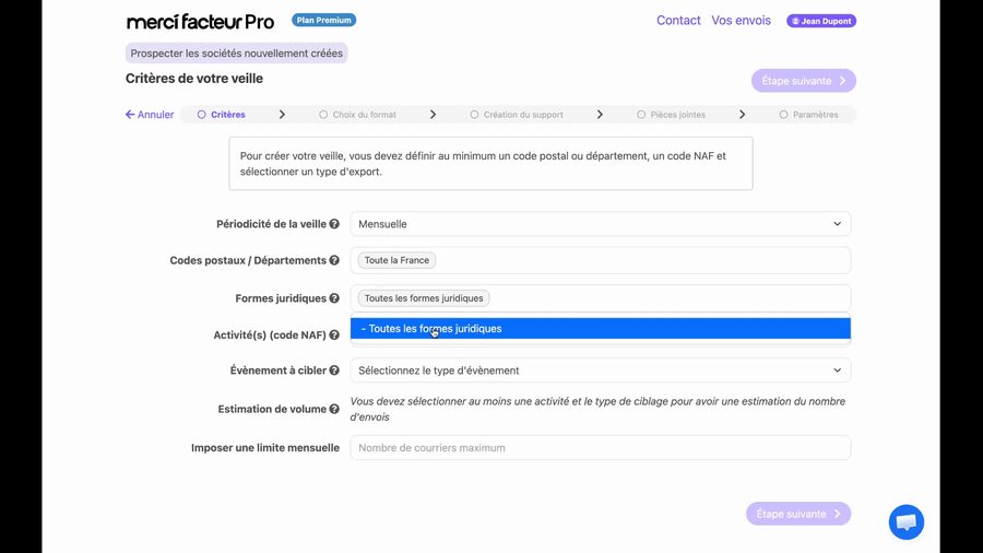 Champ Formes juridiques avec le tag violet Toutes les formes juridiques sélectionné